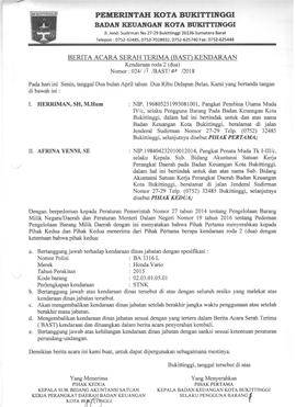 Berita acara serah terima kendaraan BA 3316 L Afrina Yenni