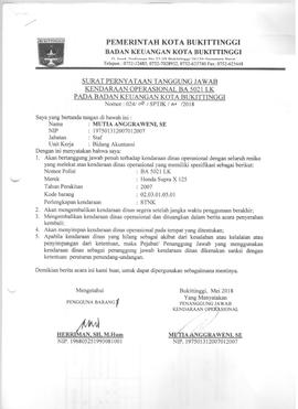 Surat Pernyataan Tanggung jawab Kendaraan Operasional BA5021LK