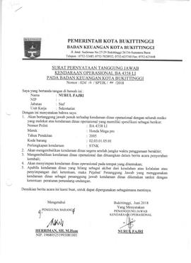Surat Pernyataan Tanggung jawab Kendaraan Operasional BA4358LI