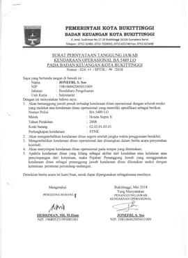 Surat Pernyataan Tanggung jawab Kendaraan Operasional BA5489LO