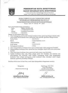 Surat Pernyataan Tanggung jawab Kendaraan Operasional BA4512 LJ