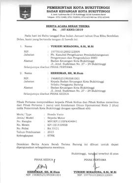 Berita Acara Serah terima kendaraan BA 3312 L Bulan Januari 2019