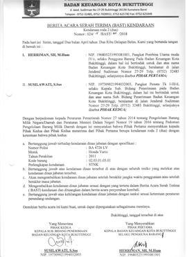 Berita acara serah terima kendaraan BA 4726 LV Susilawati