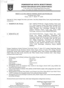 Berita acara serah terima kendaraan BA 3314 L Rori rusli