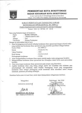 Surat Pernyataan Tanggung jawab Kendaraan Operasional BA4899LJ
