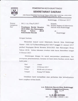 Penyiapan Revisi  Renstra 2016-2021 danRancangan Renja Tahun 2018 Sekretariat Daerah