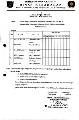 14. Surat tugas pengawasan dan pemantauan pada posko pencegahan bahaya kebakaran