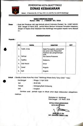 3. Surat Tugas untuk Stand By di lokasi pacuan kuda Bukitinggi Wisata Derby Tahun 2018