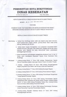 Khazanah Arsip Keputusan Kepala Dinas Kesehatan Kota Bukittinggi tentang Pembentukan Tim PMK-AB T...