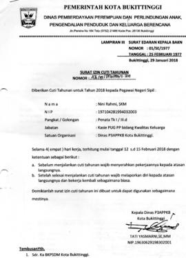 Surat Cuti ASN  an. Nini Rahmi, SKM selama 4 Hari TMT 12 s/d 15 Februari 2018