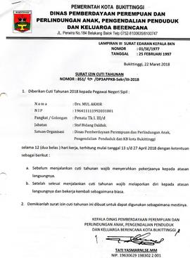 Surat Cuti ASN  an. Drs.Mul Akhiar selama 12 hari 13 s/d 27 April 2018