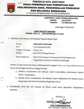 Surat Cuti ASN an. Mira Rosy Yanti, SKM selama 12 hari kerja TMT 24 mei s/d 8 Juni 2018 dan 25 s/...