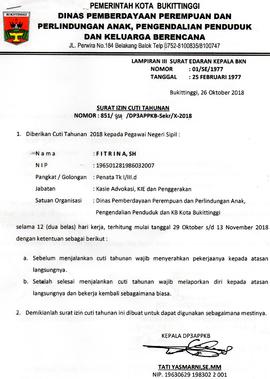 Surat Cuti ASN  an. Fitrina, SH selama 12 hari kerja TMT 29 Oktober  s/d 13 November 2018