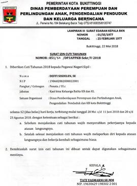 Surat Cuti ASN  an. Deffi Sisdelen, SE