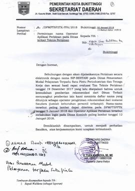 Permintaan Nama Operator Aplikasi Perizinan pada Dinas terkait Teknis Perizinan