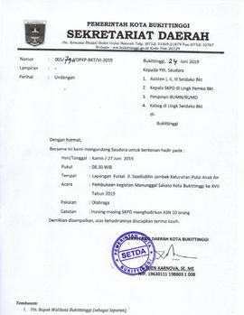 Surat Undangan Sekda Bukittinggi Dalam Rangka Pembukaan Manunggal Sakato XVII Kota Bukittinggi Ta...