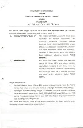 Khazanah Arsip Perjanjian Kontrak Kerja Antara Pemerintah Kota Bukittingi dengan Syafrihijar