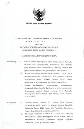 SK dari Menteri Sosial RI mengenai Data Terpadu Penanganan Fakir Miskin dan Orang Tidak Mampu Tah...