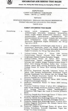 SK Pemenang Kelurahan Berprestasi Tahun 2018