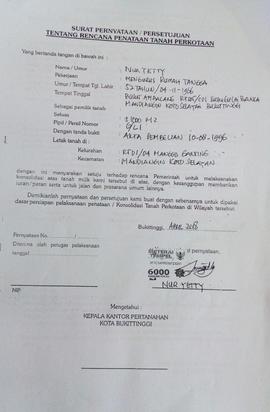 Surat Pernyataan/Persetujuan Tentang Rencana Penataan Tanah Perkotaan a.n. Nur Yetty
