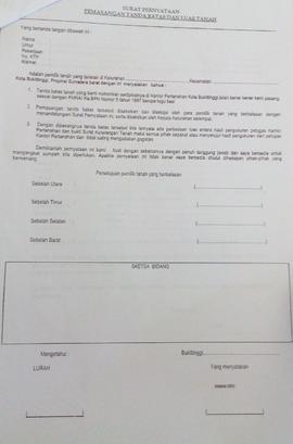 Blangko Surat Pernyataan Pemasangan Tanda Batas dan Luas Tanah