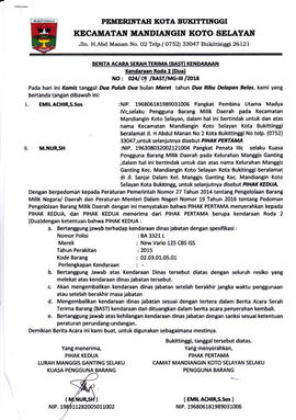Berita Acara Serah Terima (BAST) Kendaraan Dinas Roda Dua ( Lembar 1)