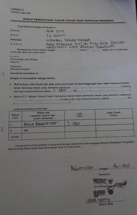 Surat Pernyataan Tanah-tanah yang dipunyai pedoman a.n. Nur Yetty