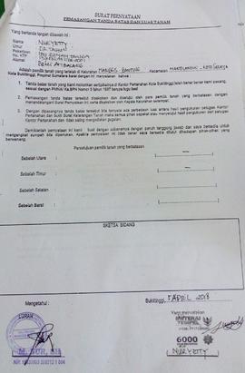 Surat Pernyataan Pemasangan Tanda Batas dan Luas Tanah a.n. Nuryetty