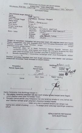 Surat Pernyataan Pelepasan Hak Dalam Rangka Konsolidasi Tanah Perkotaan a.n. Nur Yetty