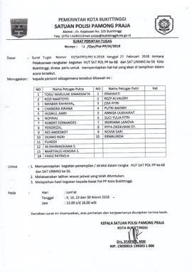 Surat Tugas mempersiapkan penampilan /atraksi dalam rangka HUT Satpol PP ke 68 dan Satlinmas ke 56