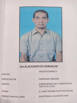 Drs.H.ALFIANUS DT.SAMIAK.SH  Anggota Komisi A  DPRD Kota Bukittinggi Masa Jabatan 2009 s/d 2014