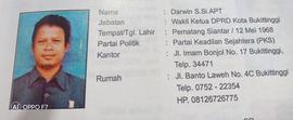 DARWIN S, Si.APT    Wakil  Ketua DPRD Kota  Bukittinggi Periode Tahun 2005 s/d 2009