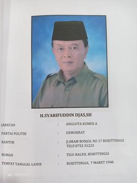 H. SYARIFUDDIN DJAS. SH  Anggota Komisi A  DPRD Kota Bukittinggi Masa Jabatan 2009 s/d 2014