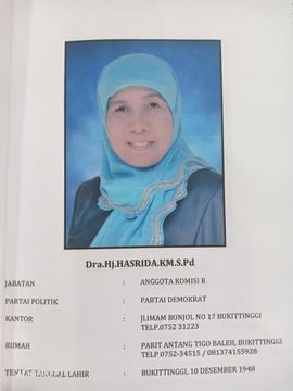 Dra.Hj.HASRIDA.KM.S.Pd Anggota Komisi B  DPRD Kota Bukittinggi Masa Jabatan 2009 s/d 2014