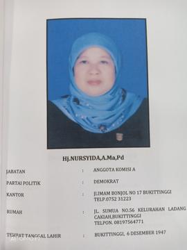 Hj. NURSYIDA.A.Md.Pd  Anggota Komisi A  DPRD Kota Bukittinggi Masa Jabatan 2009 s/d 2014