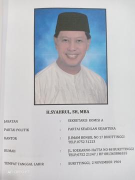 H. SYAHRUL. SH. MBA  Anggota DPRD Kota Bukittinggi Masa Jabatan 2009 s/d 2014