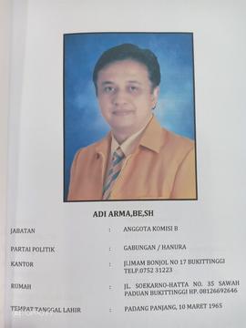ADI ARMA.BE.SH  Anggota Komisi B  DPRD Kota Bukittinggi Masa Jabatan 2009 s/d 2014